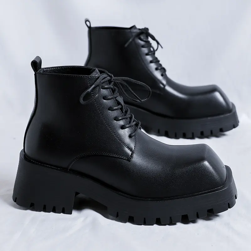 British Vintage Men Leather Shoes Square Toe Lace-up Dress Ankle Boots Autumn Winter Tooling Motorcycle Boots Business Men Shoe