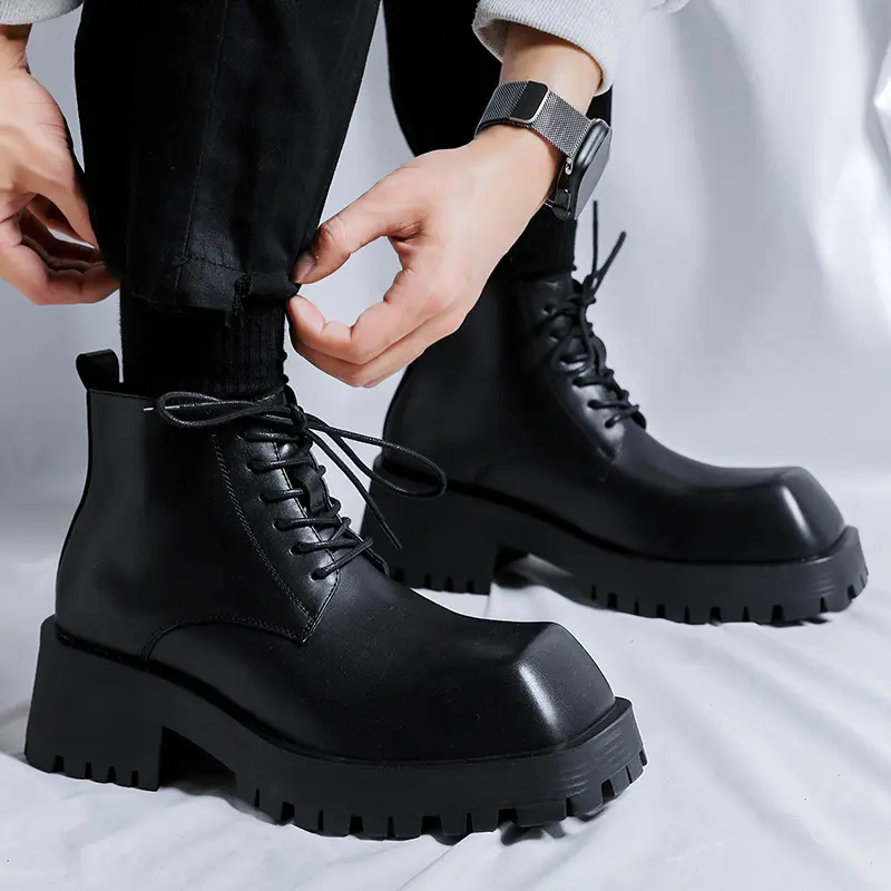 British Vintage Men Leather Shoes Square Toe Lace-up Dress Ankle Boots Autumn Winter Tooling Motorcycle Boots Business Men Shoe