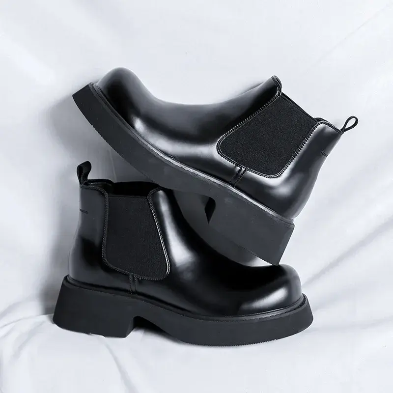 Luxury Black British Men Ankle Boots Dress Leather Shoes Round Toe Slip-On Platform Boots Wedding Chelsea Boots Vintage Business