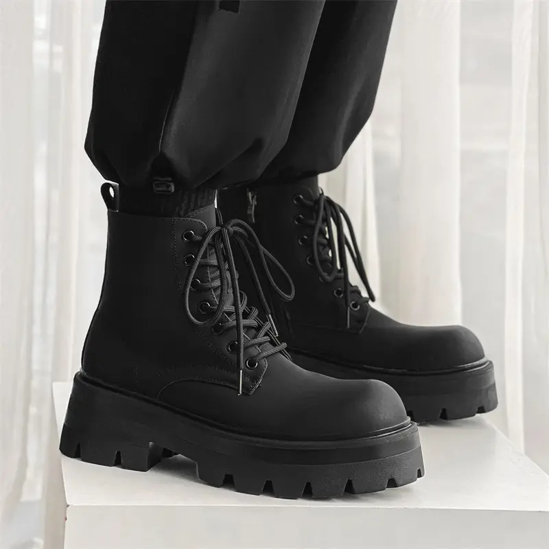 Height Increasing Black Vintage British Men Shoes Autumn Winter Men Ankle Boots Outdoor Work Military Boots  Motorcycle Boots