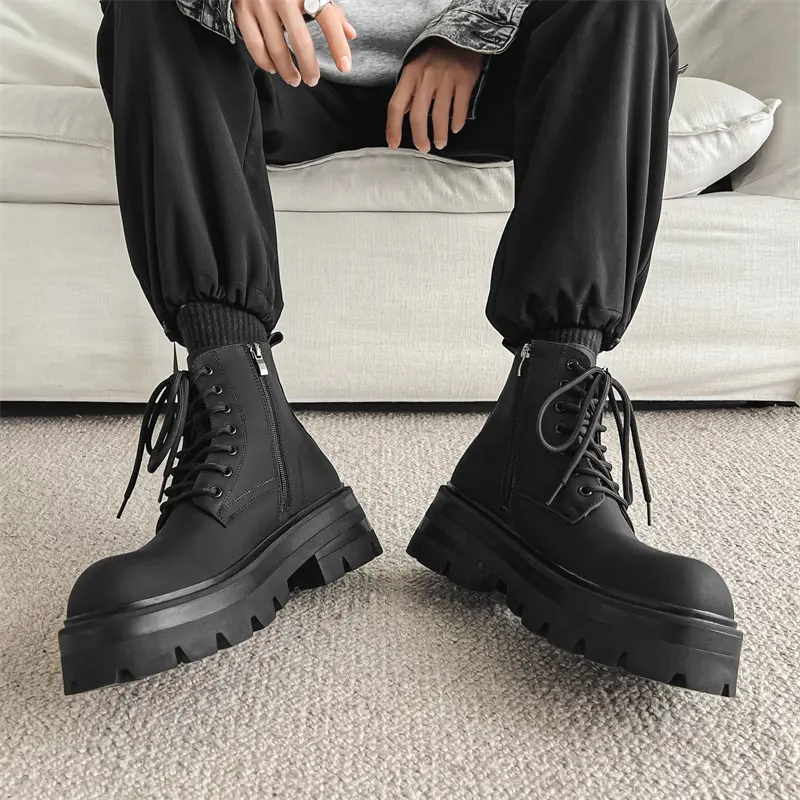 Height Increasing Black Vintage British Men Shoes Autumn Winter Men Ankle Boots Outdoor Work Military Boots  Motorcycle Boots