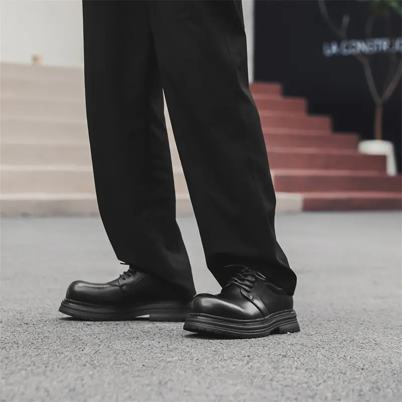New Black Vintage British Men Casual Leather Shoes Business Dress Luxury Loafers Breathable Height Increasing Wedding Designer