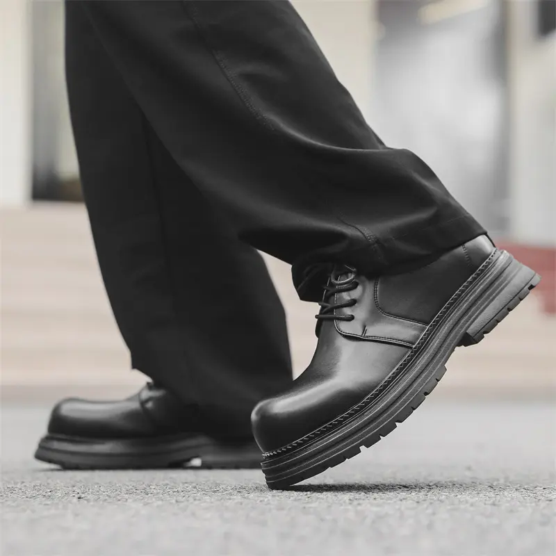 New Black Vintage British Men Casual Leather Shoes Business Dress Luxury Loafers Breathable Height Increasing Wedding Designer