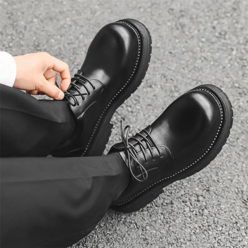 New Black Vintage British Men Casual Leather Shoes Business Dress Luxury Loafers Breathable Height Increasing Wedding Designer