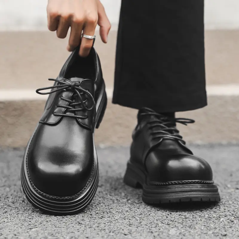 New Black Vintage British Men Casual Leather Shoes Business Dress Luxury Loafers Breathable Height Increasing Wedding Designer