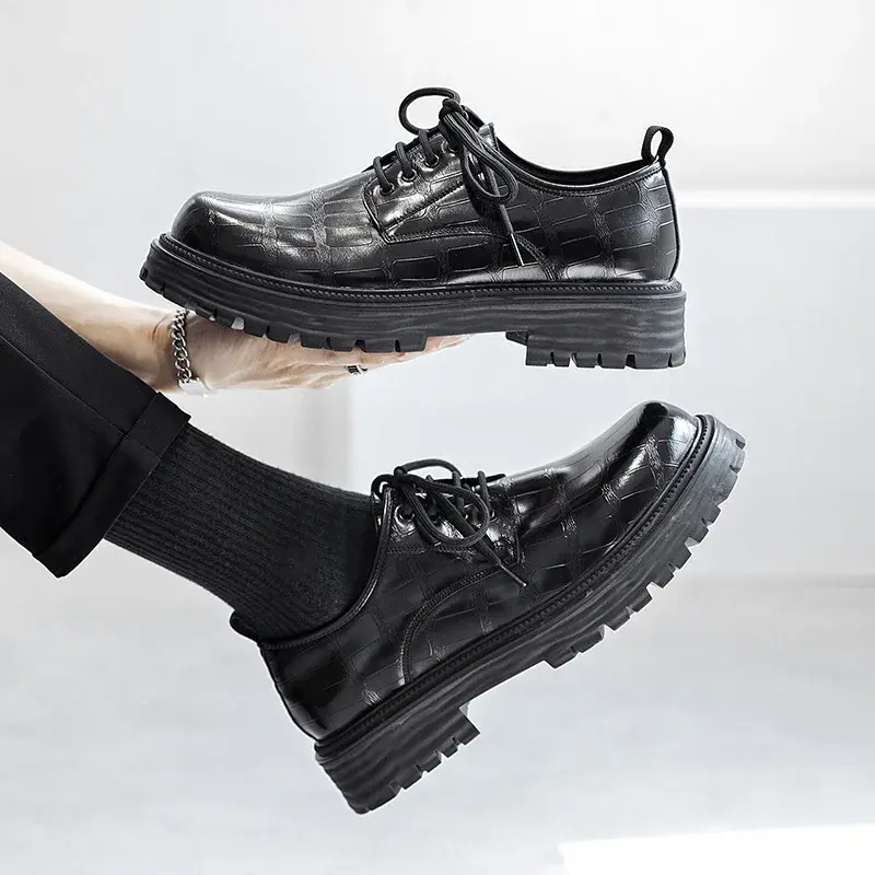 Black Vintage British Men Leather Shoes Height Increasing Designer Shoes Formal Dress Loafers Lace-up Business Oxfords Luxury