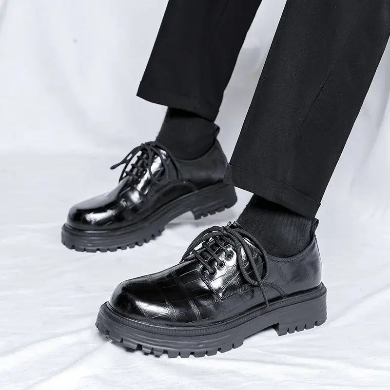 Black Vintage British Men Leather Shoes Height Increasing Designer Shoes Formal Dress Loafers Lace-up Business Oxfords Luxury
