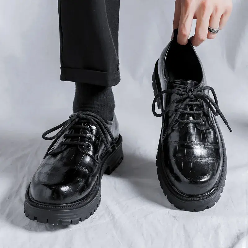 Black Vintage British Men Leather Shoes Height Increasing Designer Shoes Formal Dress Loafers Lace-up Business Oxfords Luxury
