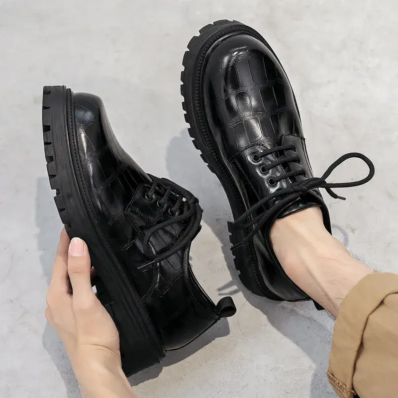Black Vintage British Men Leather Shoes Height Increasing Designer Shoes Formal Dress Loafers Lace-up Business Oxfords Luxury
