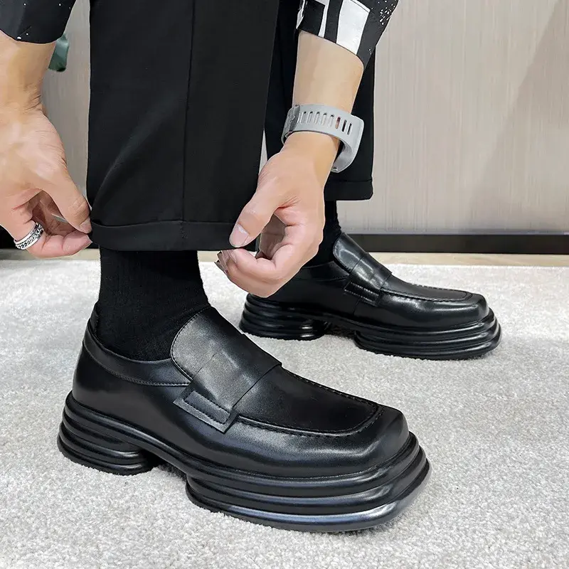 New Luxury Designer Square Toe Casual Men Dress Shoes Vintage British Fashion Leather Shoes Slip-On Loafers Height Increasing