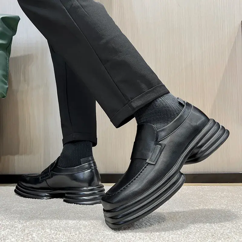 New Luxury Designer Square Toe Casual Men Dress Shoes Vintage British Fashion Leather Shoes Slip-On Loafers Height Increasing