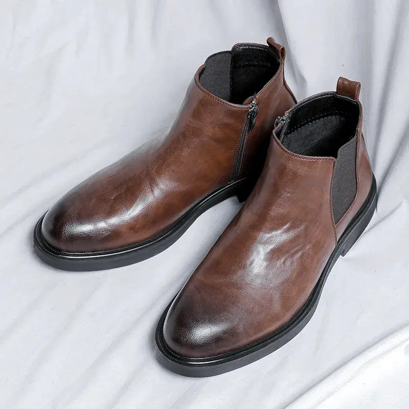 New Vintage British Zipper Designer Men Leather Shoes Autumn Dress Ankle Boots Slip-On Platform Boots Work Business Chelsea Boot
