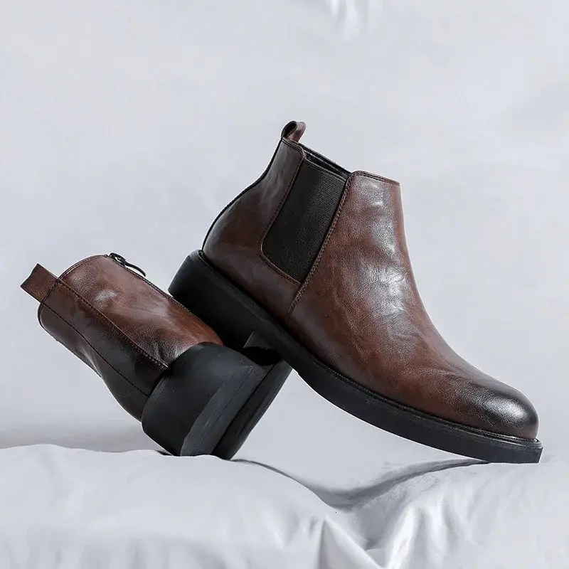 New Vintage British Zipper Designer Men Leather Shoes Autumn Dress Ankle Boots Slip-On Platform Boots Work Business Chelsea Boot
