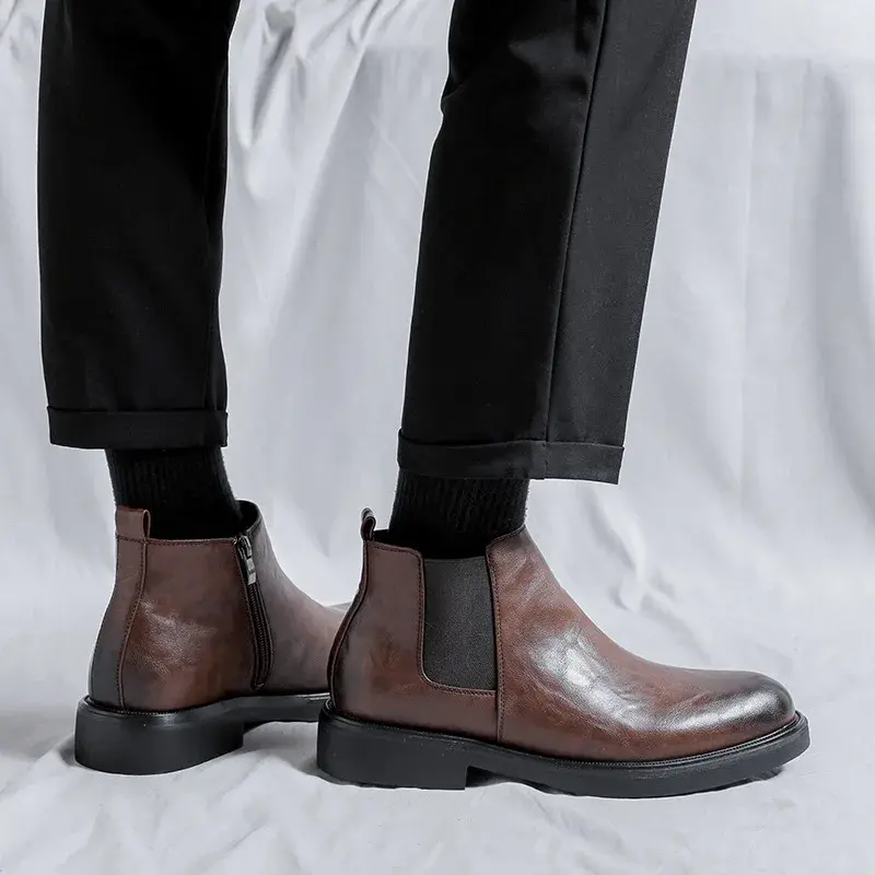 New Vintage British Zipper Designer Men Leather Shoes Autumn Dress Ankle Boots Slip-On Platform Boots Work Business Chelsea Boot
