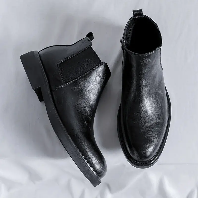 New Vintage British Zipper Designer Men Leather Shoes Autumn Dress Ankle Boots Slip-On Platform Boots Work Business Chelsea Boot