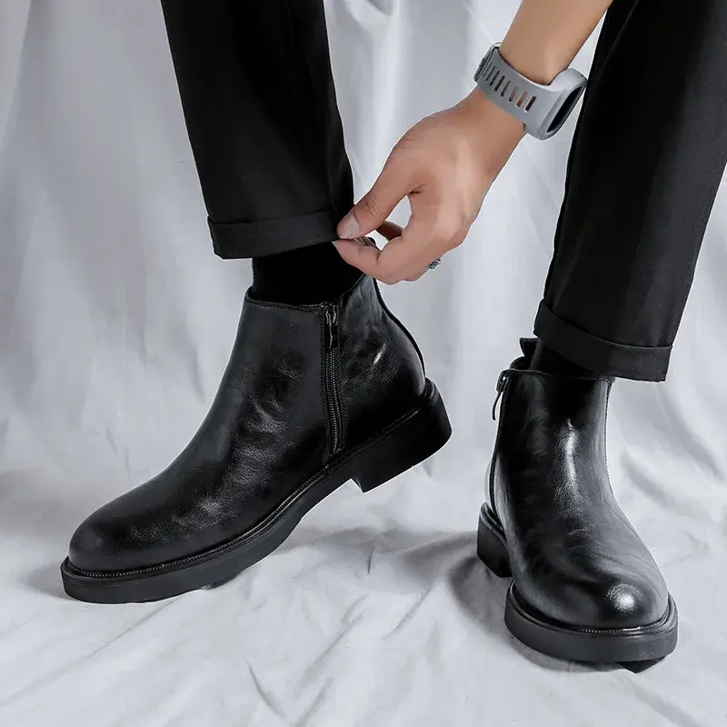 New Vintage British Zipper Designer Men Leather Shoes Autumn Dress Ankle Boots Slip-On Platform Boots Work Business Chelsea Boot