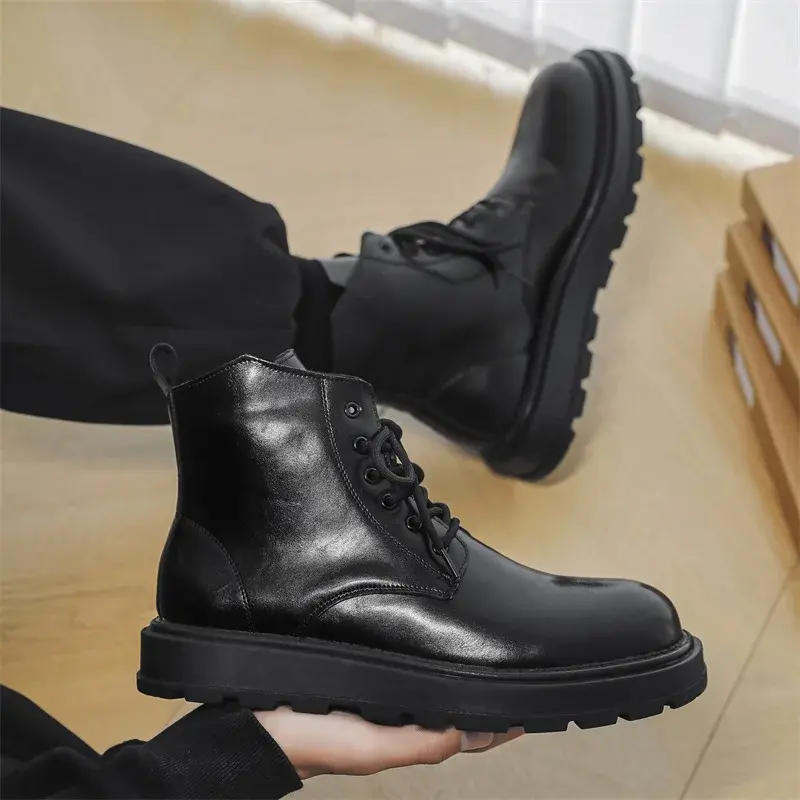 New Vintage Fashion Men Ankle Boots Black Dress Leather Shoes British Height Increasing Shoes Tooling Bootsoutdoor Business Boot