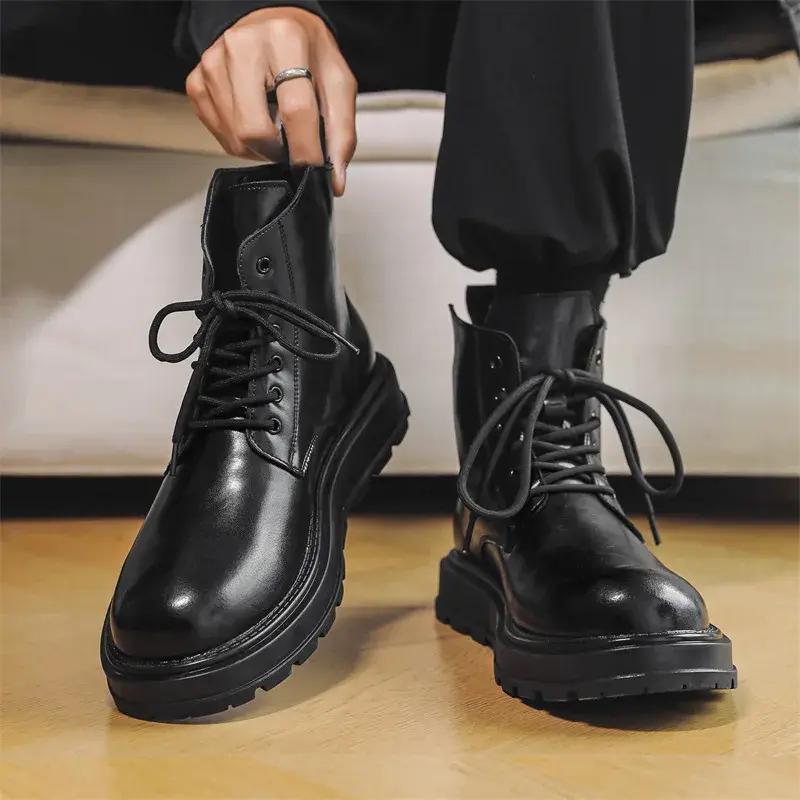 New Vintage Fashion Men Ankle Boots Black Dress Leather Shoes British Height Increasing Shoes Tooling Bootsoutdoor Business Boot