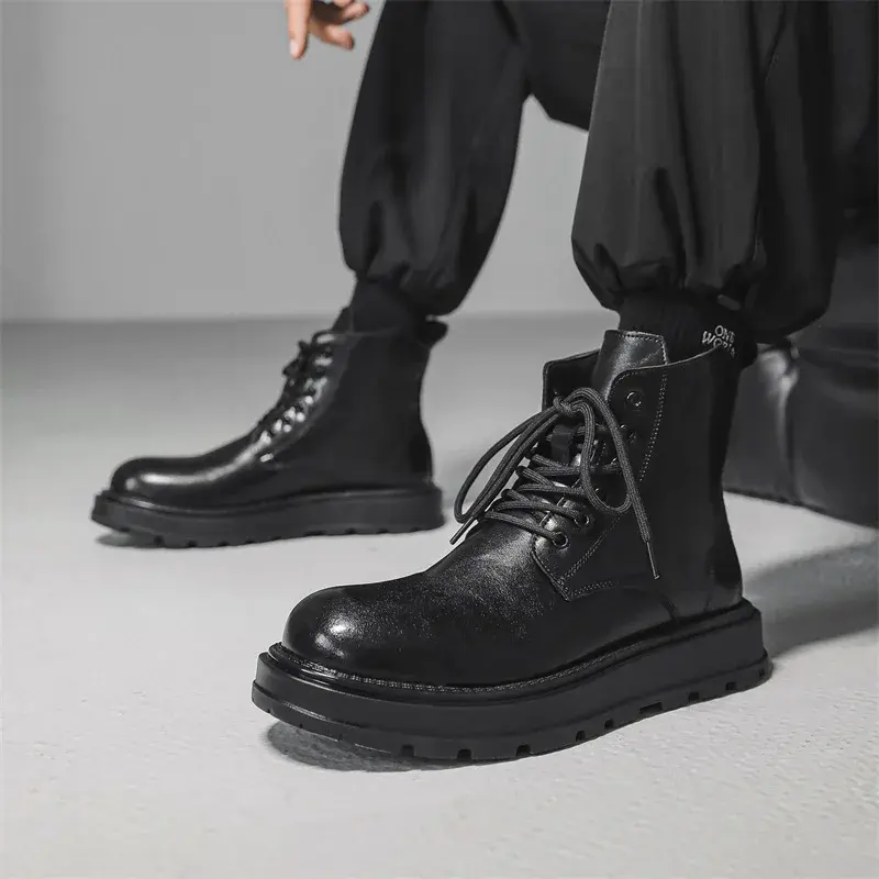 New Vintage Fashion Men Ankle Boots Black Dress Leather Shoes British Height Increasing Shoes Tooling Bootsoutdoor Business Boot