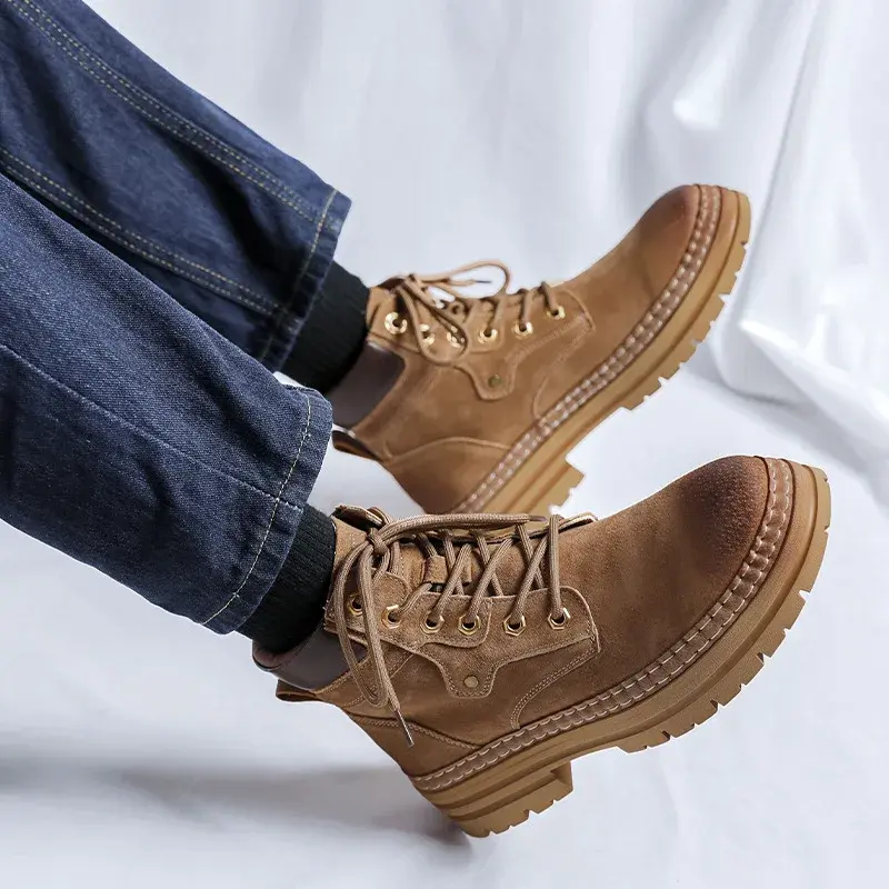 New Men Spring Autumn Ankle Boots Vintage British Cow Suede Desert Leather Shoes Outdoor Tooling Boots Motorcycle Platform Boots