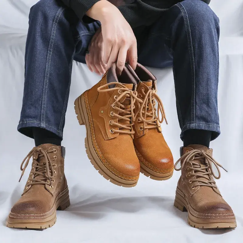 New Men Spring Autumn Ankle Boots Vintage British Cow Suede Desert Leather Shoes Outdoor Tooling Boots Motorcycle Platform Boots