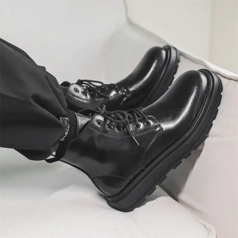 New Vintage Fashion Men Ankle Boots Black Dress Leather Shoes British Height Increasing Shoes Tooling Bootsoutdoor Business Boot