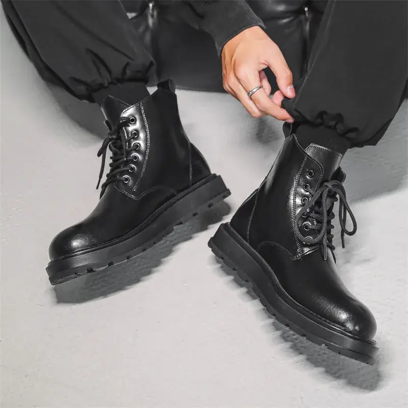 New Vintage Fashion Men Ankle Boots Black Dress Leather Shoes British Height Increasing Shoes Tooling Bootsoutdoor Business Boot