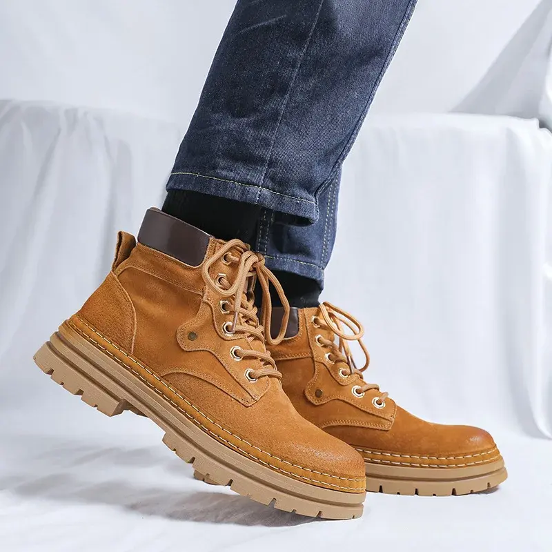 New Men Spring Autumn Ankle Boots Vintage British Cow Suede Desert Leather Shoes Outdoor Tooling Boots Motorcycle Platform Boots