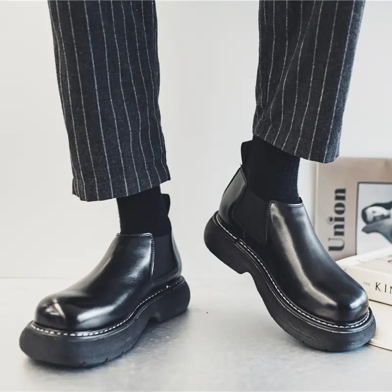 New Autumn Winter British Casual Men Boots Handmade Luxury Leather Shoes Slip-On Ankle Boots Work Platform Boots Big Round Toe