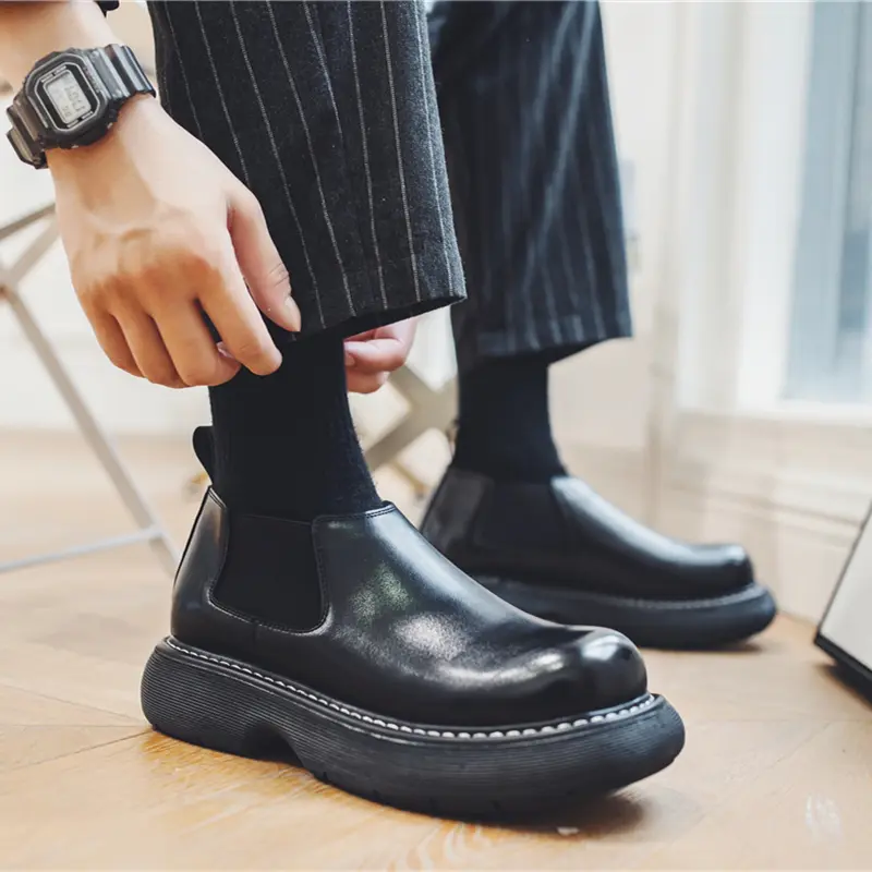 New Autumn Winter British Casual Men Boots Handmade Luxury Leather Shoes Slip-On Ankle Boots Work Platform Boots Big Round Toe