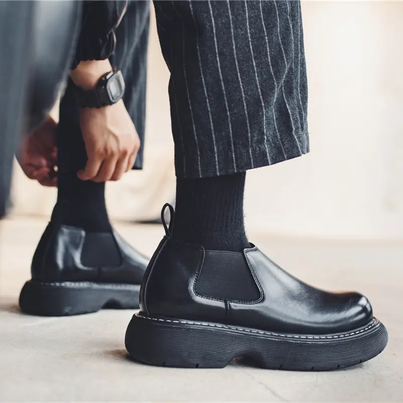 New Autumn Winter British Casual Men Boots Handmade Luxury Leather Shoes Slip-On Ankle Boots Work Platform Boots Big Round Toe