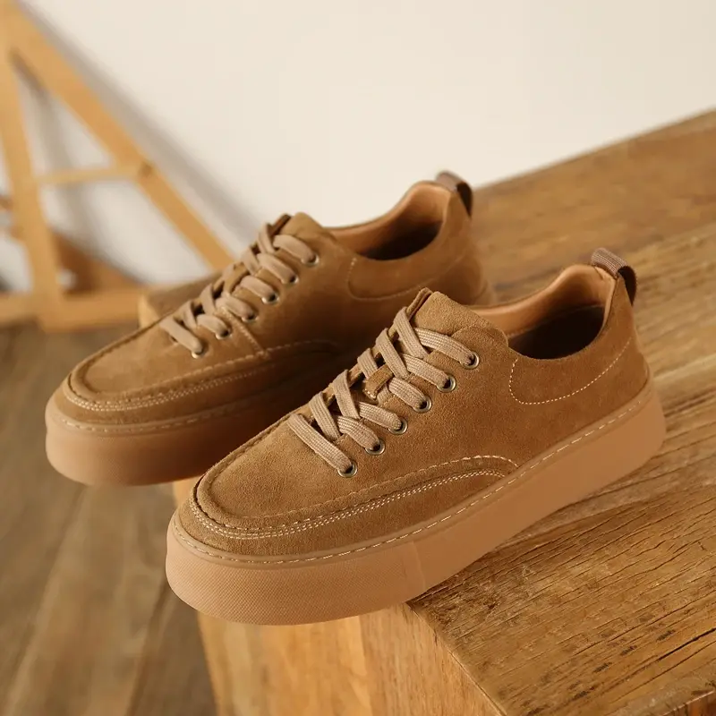 New Luxury Designer Cow Suede Casual Men Leather Shoes Loafers Men Fashion British Breathable Sneakers Lace-up Height Increasing