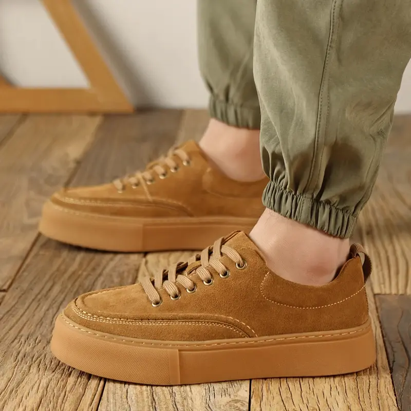 New Luxury Designer Cow Suede Casual Men Leather Shoes Loafers Men Fashion British Breathable Sneakers Lace-up Height Increasing