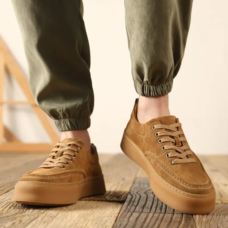 New Luxury Designer Cow Suede Casual Men Leather Shoes Loafers Men Fashion British Breathable Sneakers Lace-up Height Increasing