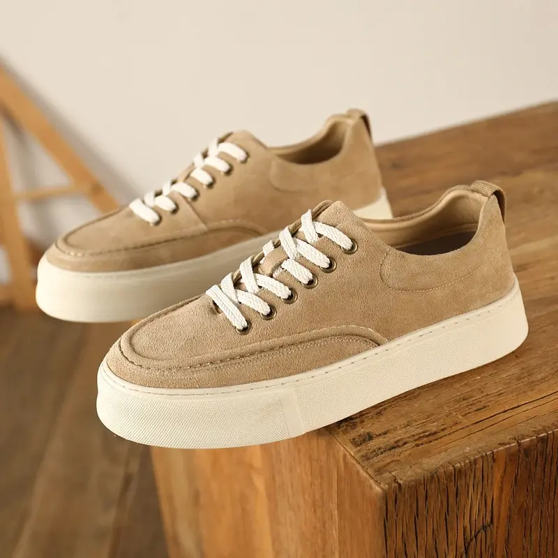 New Luxury Designer Cow Suede Casual Men Leather Shoes Loafers Men Fashion British Breathable Sneakers Lace-up Height Increasing