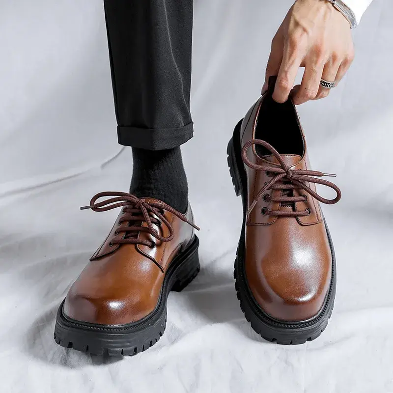 New Luxury Designer Men Casual Shoes Business Dress Leather Shoes Breathable Height Increasing Lace-up Loafers British Oxfords