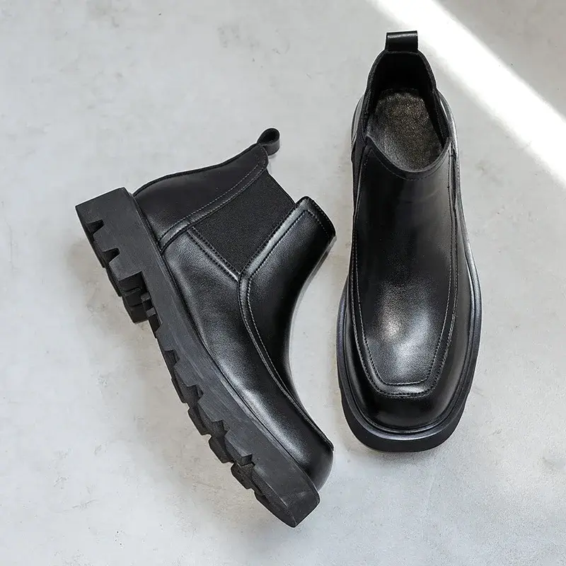 New Designer Autumn Winter Black Fashion Men Leather Shoes Vintage British Ankle Boots Round Toe Slip-On Business Chelsea Boots