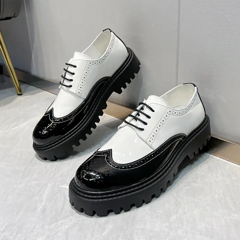 Korean Casual British Men Leather Shoes Spring Autumn Round Toe Lace-up Mixed Colors Formal Dress Loafers Wedding Brogue Shoes