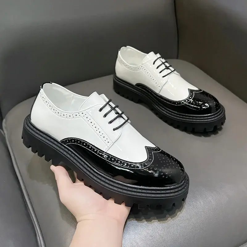 Korean Casual British Men Leather Shoes Spring Autumn Round Toe Lace-up Mixed Colors Formal Dress Loafers Wedding Brogue Shoes