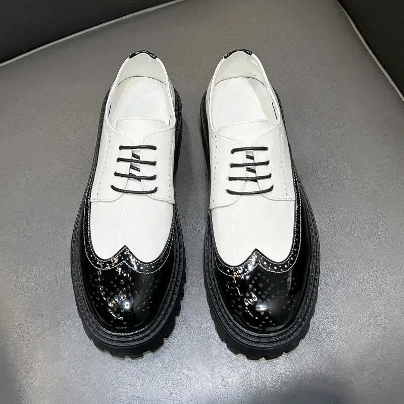 Korean Casual British Men Leather Shoes Spring Autumn Round Toe Lace-up Mixed Colors Formal Dress Loafers Wedding Brogue Shoes