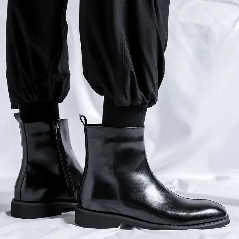 New British Fashion Black Men Boots Autumn Winter Handmade Zipper Leather Shoes Business Wedding Chelsea Boots Platform Boots