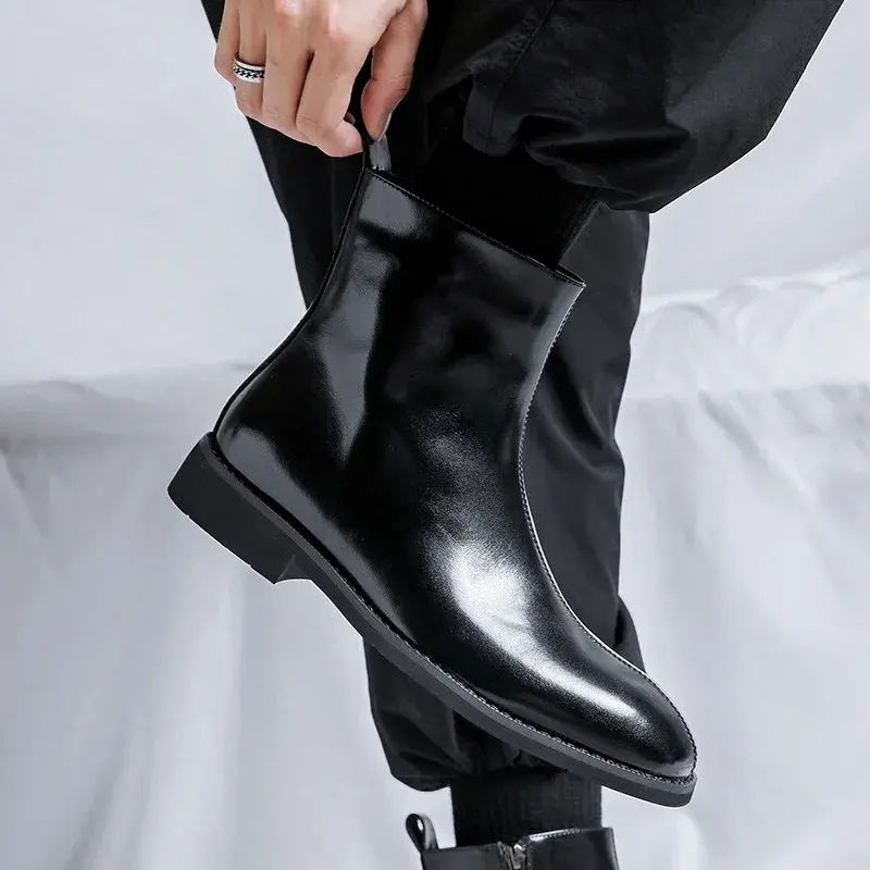 New British Fashion Black Men Boots Autumn Winter Handmade Zipper Leather Shoes Business Wedding Chelsea Boots Platform Boots