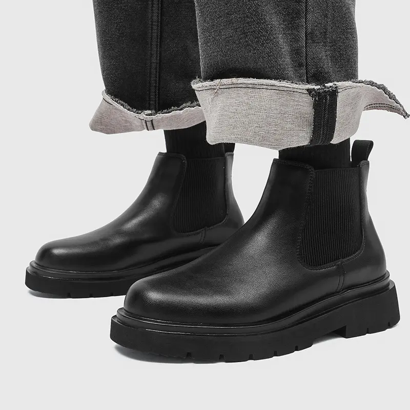New Black Luxury Fashion Men Casual Leather Shoes Autumn Spring Outdoor Tooling Dress Ankle Boots Wedding Business Chelsea Boots
