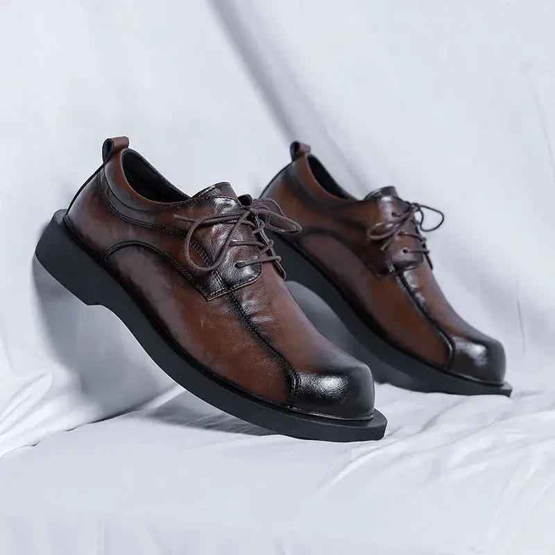 New Derby Shoes Vintage British Men Leather Shoes Soft Formal Dress Business Loafers Spring Autumn Lace-up Wedding Shoes for Men