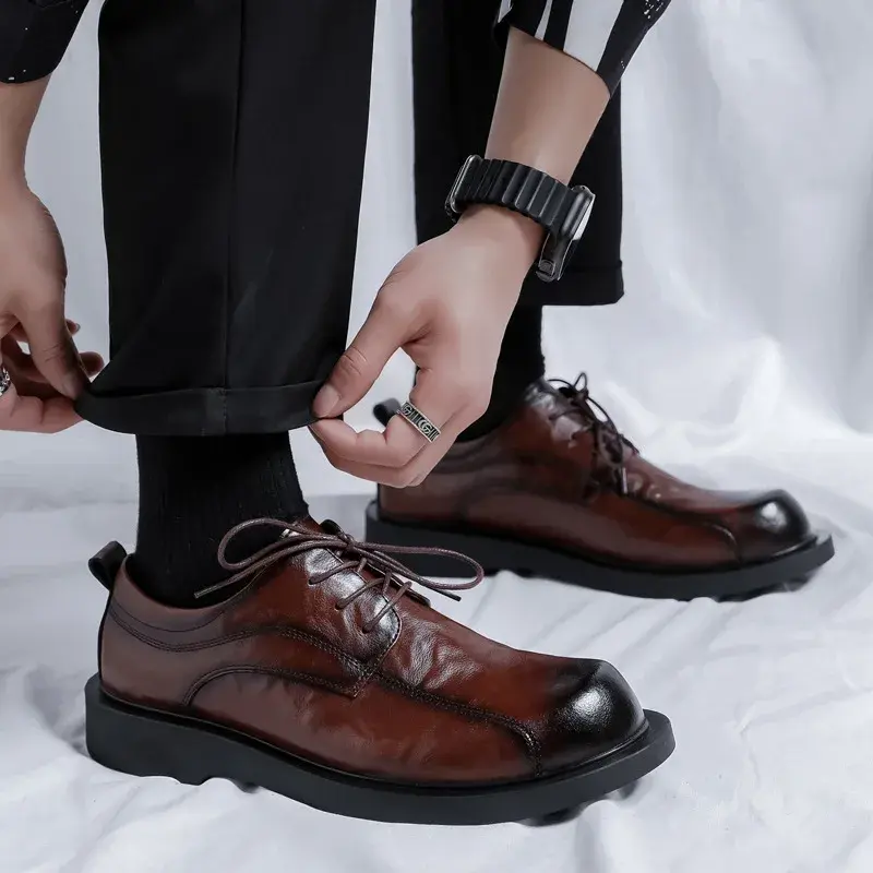 New Derby Shoes Vintage British Men Leather Shoes Soft Formal Dress Business Loafers Spring Autumn Lace-up Wedding Shoes for Men