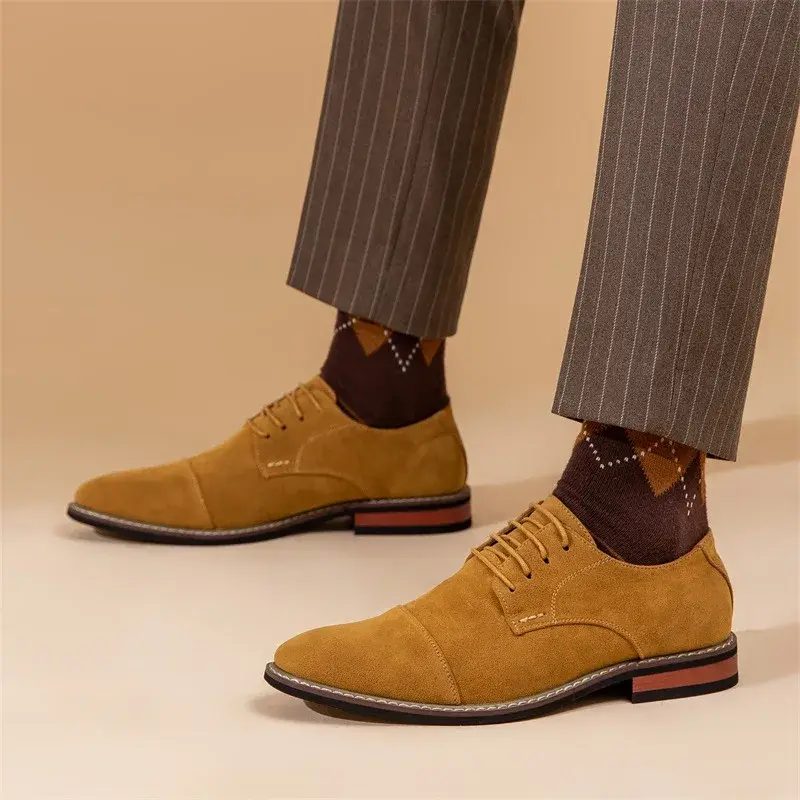 Vintage British Men Business Cow Suede Leather Shoes Formal Dress Loafers High Quality Work Wedding Oxfords Shoes Men Luxury