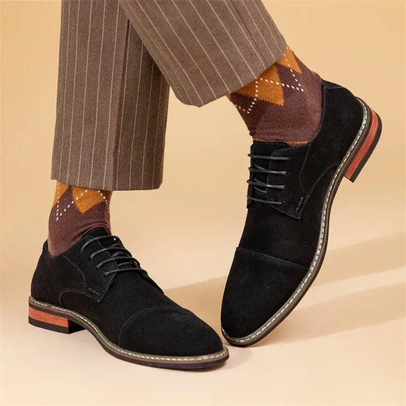 Vintage British Men Business Cow Suede Leather Shoes Formal Dress Loafers High Quality Work Wedding Oxfords Shoes Men Luxury