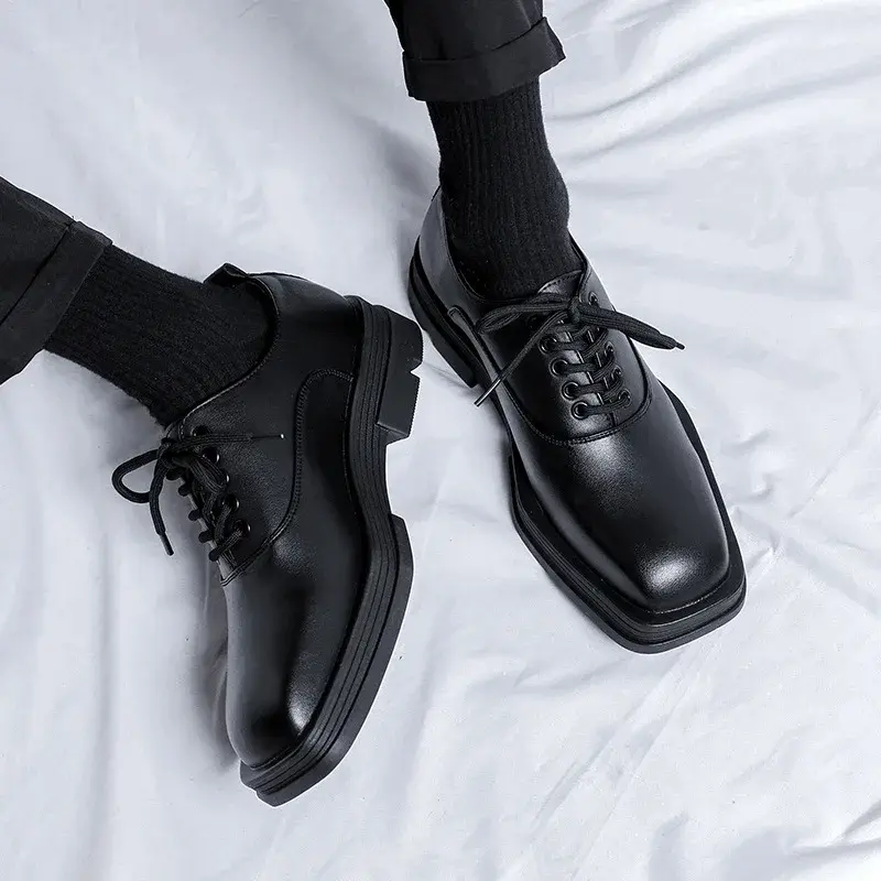 Fashion Black Men Casual Shoes Vintage British Lace-up Square Toe Dress Loafers Business Wedding Designer Height Increasing Shoe