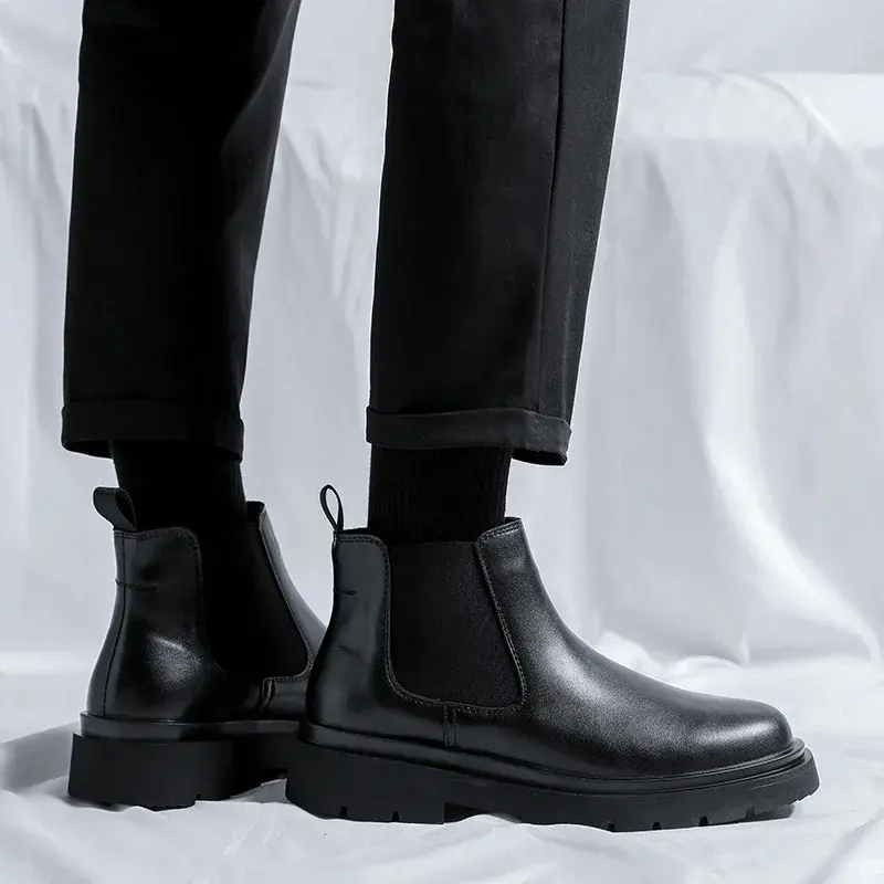New Handmade Autumn Winter Top Quality Men Leather Shoes Business Work Ankle Boots Slip-On Round Toe Black Outdoor Chelsea Boots