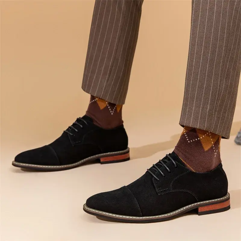 Vintage British Men Business Cow Suede Leather Shoes Formal Dress Loafers High Quality Work Wedding Oxfords Shoes Men Luxury